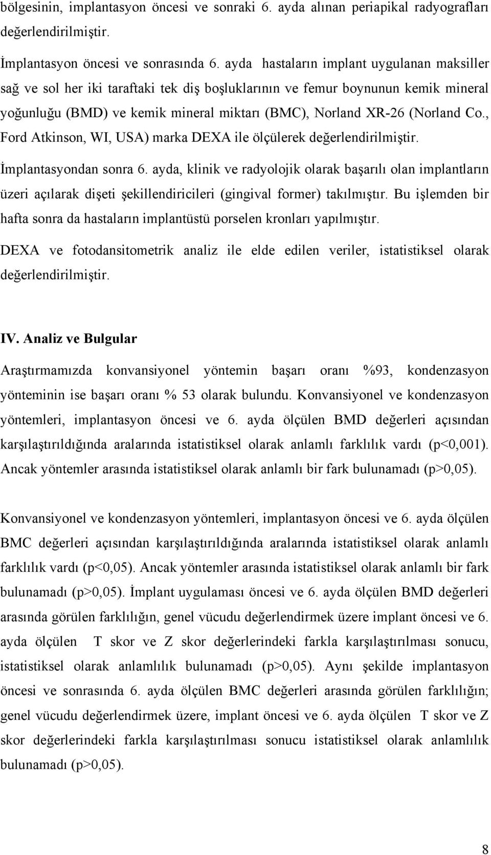 Co., Ford Atkinson, WI, USA) marka DEXA ile ölçülerek değerlendirilmiştir. İmplantasyondan sonra 6.