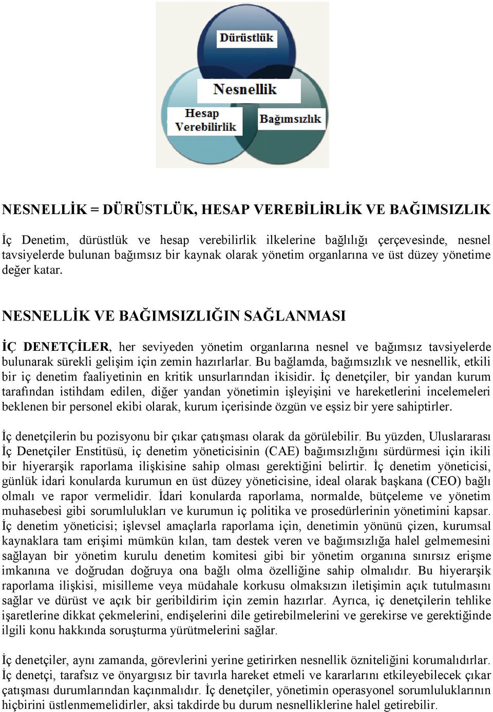 NESNELLİK VE BAĞIMSIZLIĞIN SAĞLANMASI İÇ DENETÇİLER, her seviyeden yönetim organlarına nesnel ve bağımsız tavsiyelerde bulunarak sürekli gelişim için zemin hazırlarlar.