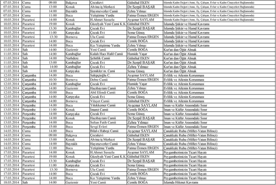 2014 Cuma 14:00 Bayraklı Hayırseverler Camii Zehra Yılmaz İslamda Kadın Değeri (Anne, Eş, Çalışan, Evlat ve Kadın Cinayetleri Bağlamında) 07.03.