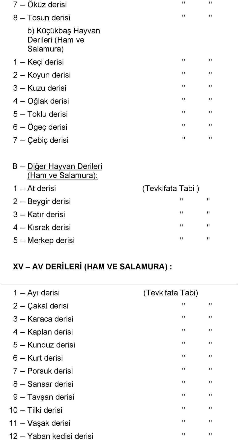 " 4 Kısrak derisi " " 5 Merkep derisi " " XV AV DERİLERİ (HAM VE SALAMURA) : 1 Ayı derisi (Tevkifata Tabi) 2 Çakal derisi " " 3 Karaca derisi " " 4 Kaplan derisi "