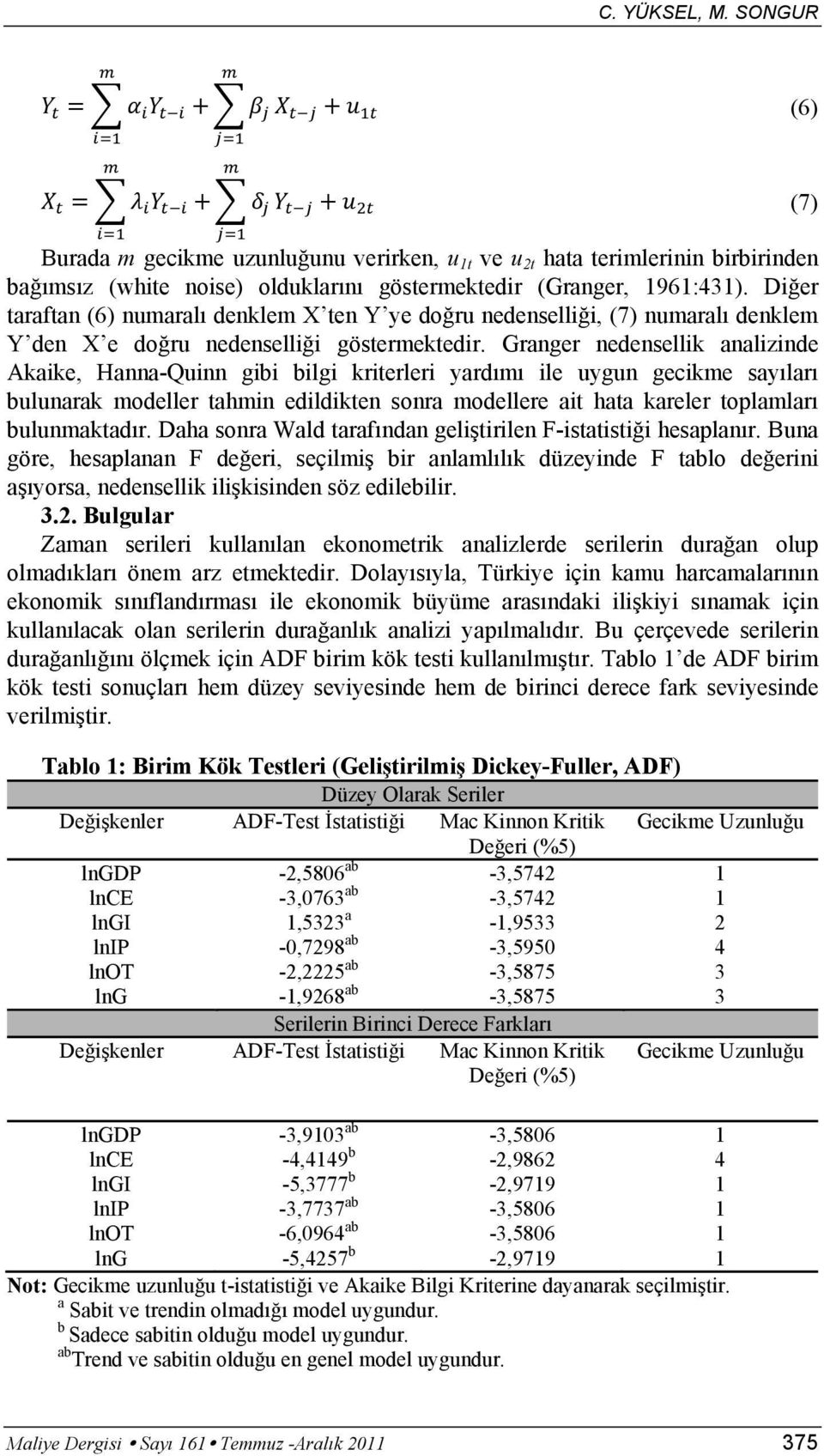 Granger nedensellik analizinde Akaike, Hanna-Quinn gibi bilgi kriterleri yardımı ile uygun gecikme sayıları bulunarak modeller tahmin edildikten sonra modellere ait hata kareler toplamları