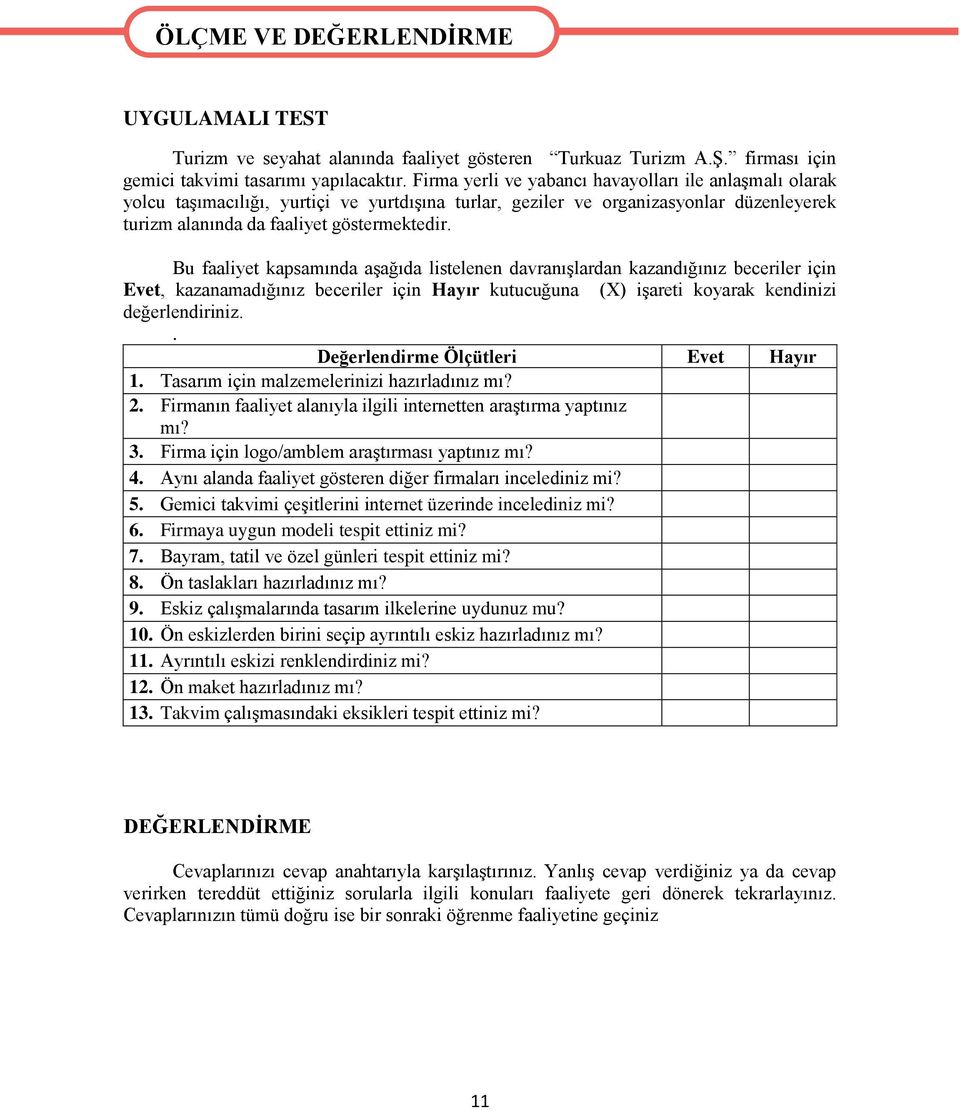 Bu faaliyet kapsamında aşağıda listelenen davranışlardan kazandığınız beceriler için Evet, kazanamadığınız beceriler için Hayır kutucuğuna (X) işareti koyarak kendinizi değerlendiriniz.