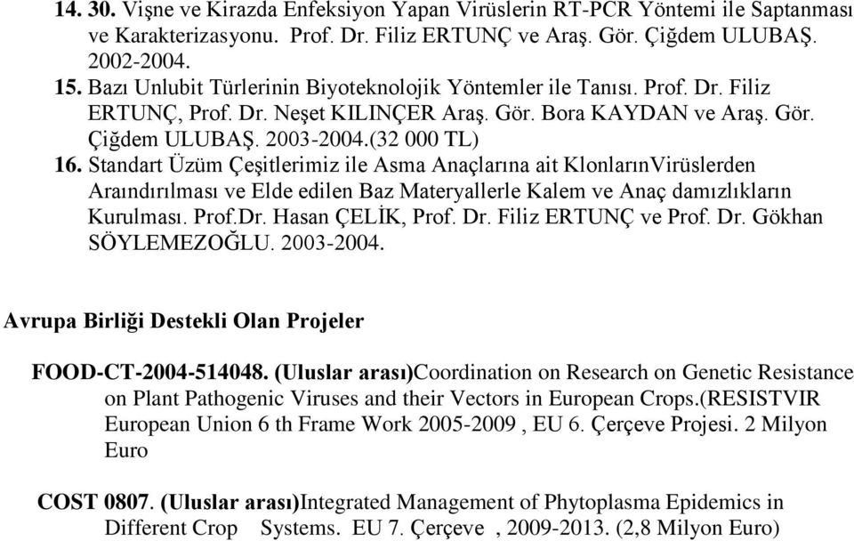 Standart Üzüm Çeşitlerimiz ile Asma Anaçlarına ait KlonlarınVirüslerden Araındırılması ve Elde edilen Baz Materyallerle Kalem ve Anaç damızlıkların Kurulması. Prof.Dr. Hasan ÇELİK, Prof. Dr.