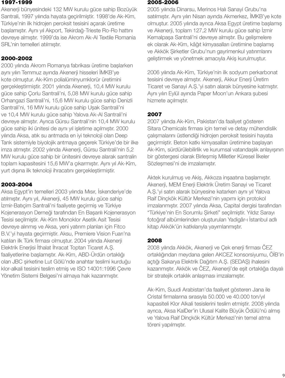 2000-2002 2000 yılında Akrom Romanya fabrikası üretime başlarken aynı yılın Temmuz ayında Akenerji hisseleri İMKB ye kote olmuştur. Ak-Kim polialüminyumklorür üretimini gerçekleştirmiştir.