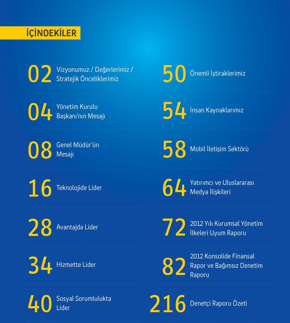 Yatırımcı ve Uluslararası Medya İlişkileri 28 Avantajda Lider 72 2012 Yılı Kurumsal Yönetim İlkeleri Uyum Raporu 34