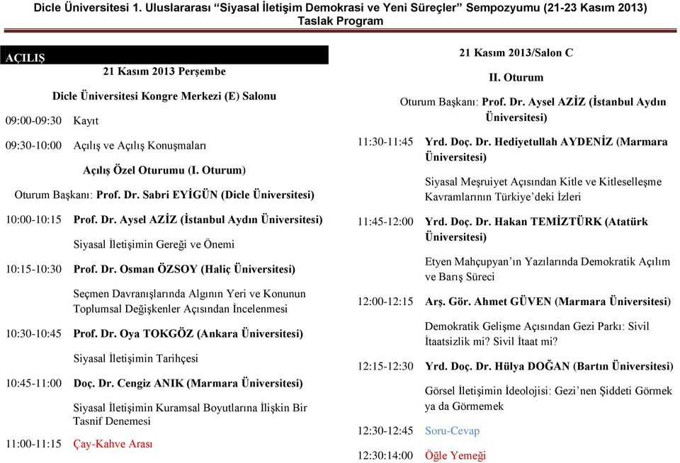 Dr. Oya TOKGÖZ (Ankara Siyasal İletişimin Tarihçesi 10:45-11:00 Doç. Dr.