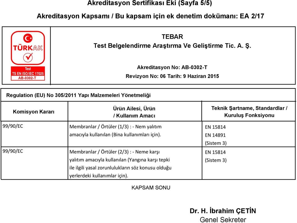 Membranlar / Örtüler (2/3) : - Neme karşı yalıtım amacıyla kullanılan (Yangına karşı tepki ile ilgili yasal zorunlulukların söz konusu olduğu