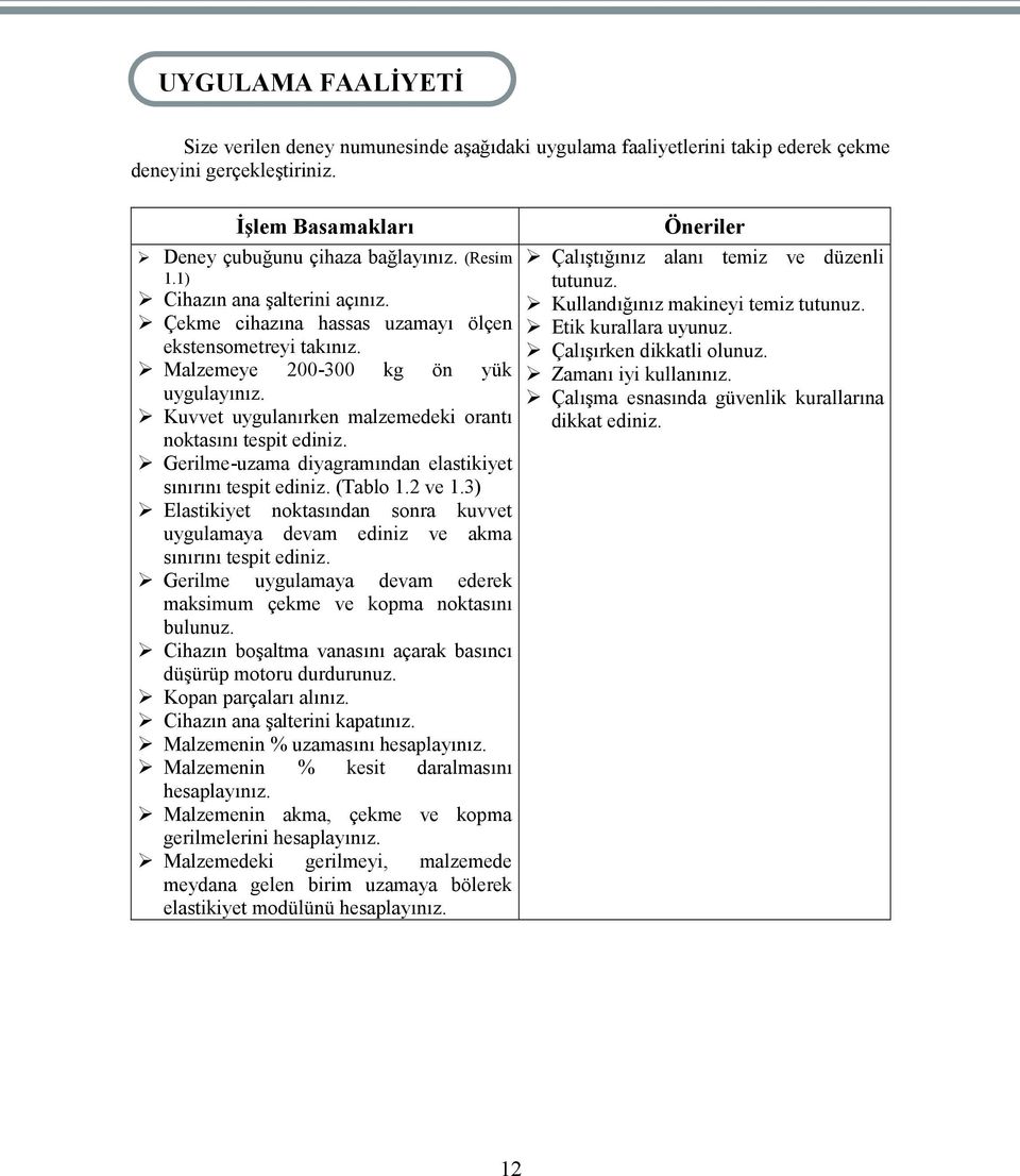 Kuvvet uygulanırken malzemedeki orantı noktasını tespit ediniz. Gerilme-uzama diyagramından elastikiyet sınırını tespit ediniz. (Tablo 1.2 ve 1.