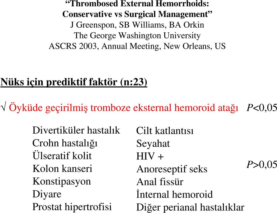 tromboze eksternal hemoroid atağı P<0,05 Divertiküler hastalık Crohn hastalığı Ülseratif kolit Kolon kanseri Konstipasyon