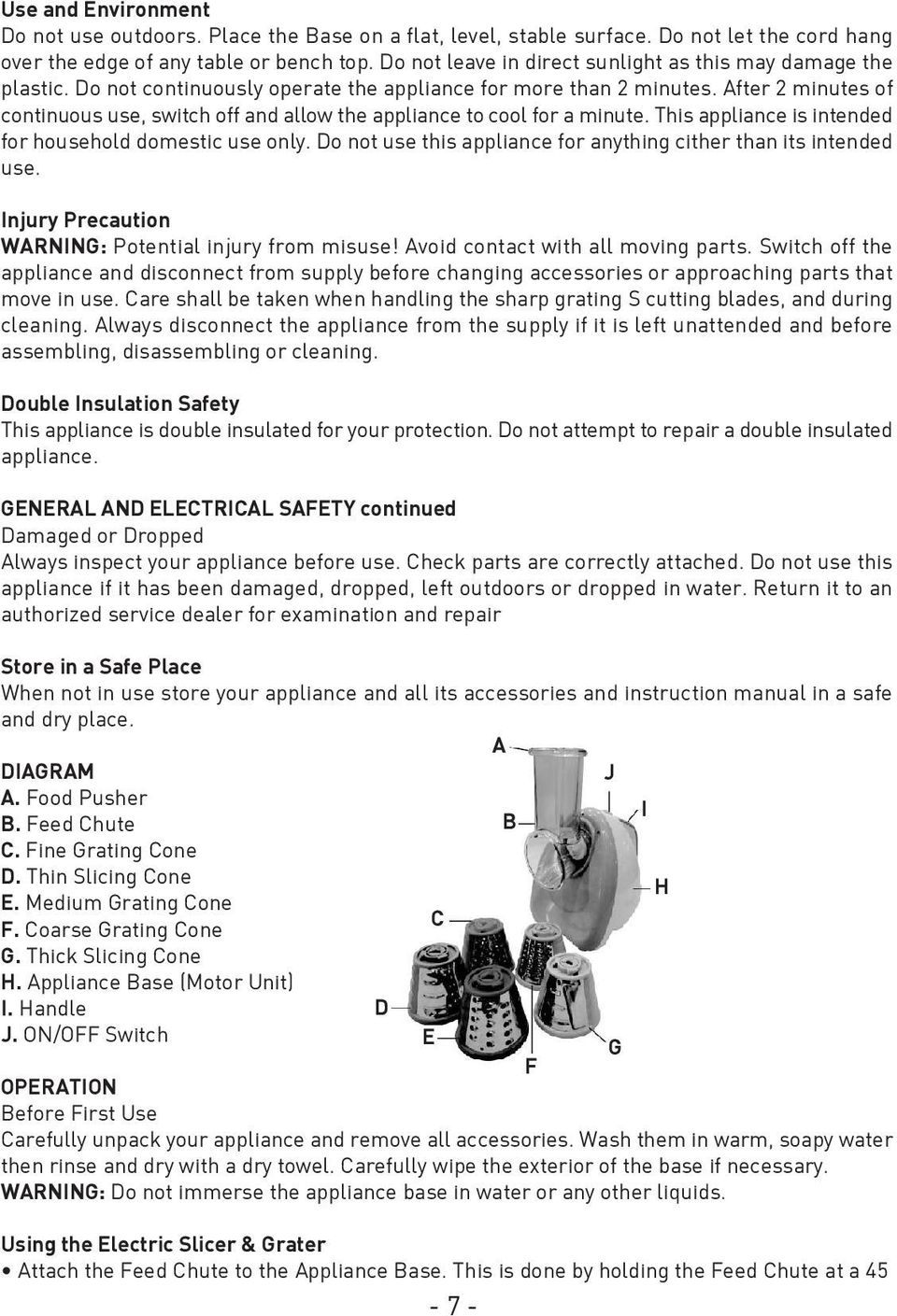 After 2 minutes of continuous use, switch off and allow the appliance to cool for a minute. This appliance is intended for household domestic use only.