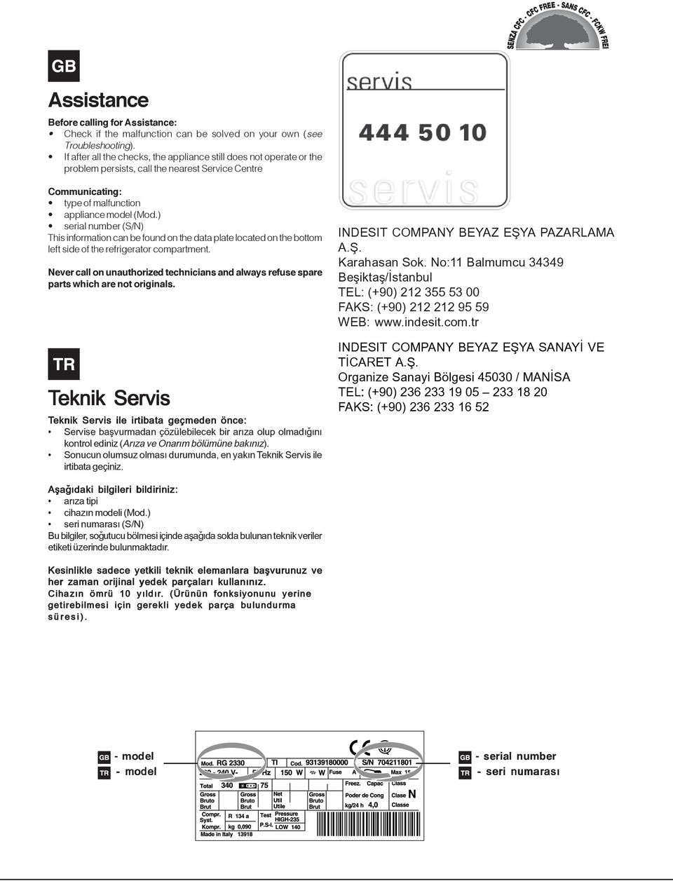 ) serial number (S/N) This information can be found on the data plate located on the bottom left side of the refrigerator compartment.