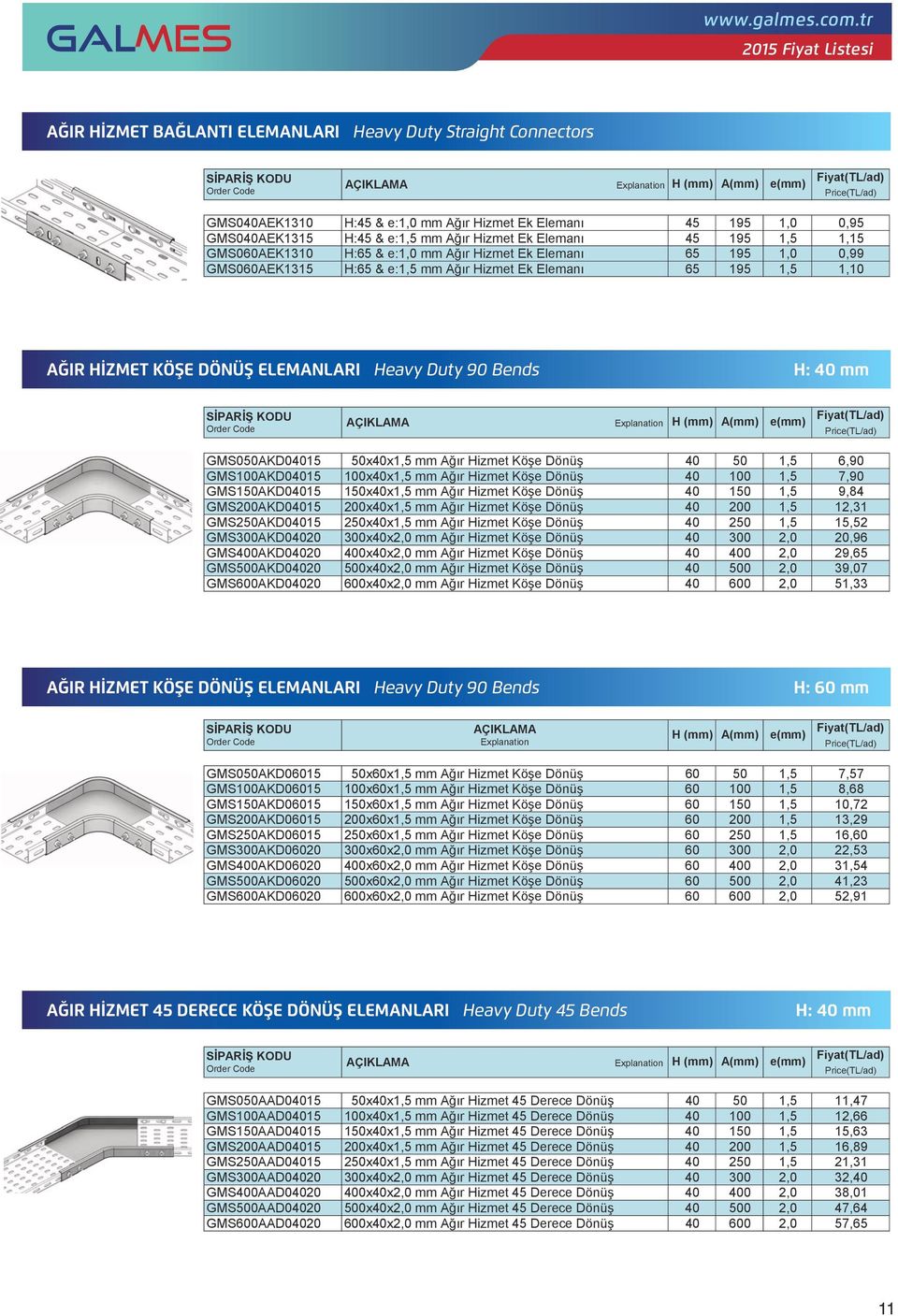 HİZMET BAĞLANTI ELEMANLARI Heavy Duty Straight Connectors GMS0AEK1310 H: & e: Ek Elemanı 195 0,95 GMS0AEK1315 AĞIR HİZMET KÖŞE H: DÖNÜŞ & e: ELEMANLARI Ek Heavy Elemanı Duty 90 Bends 195 1,15