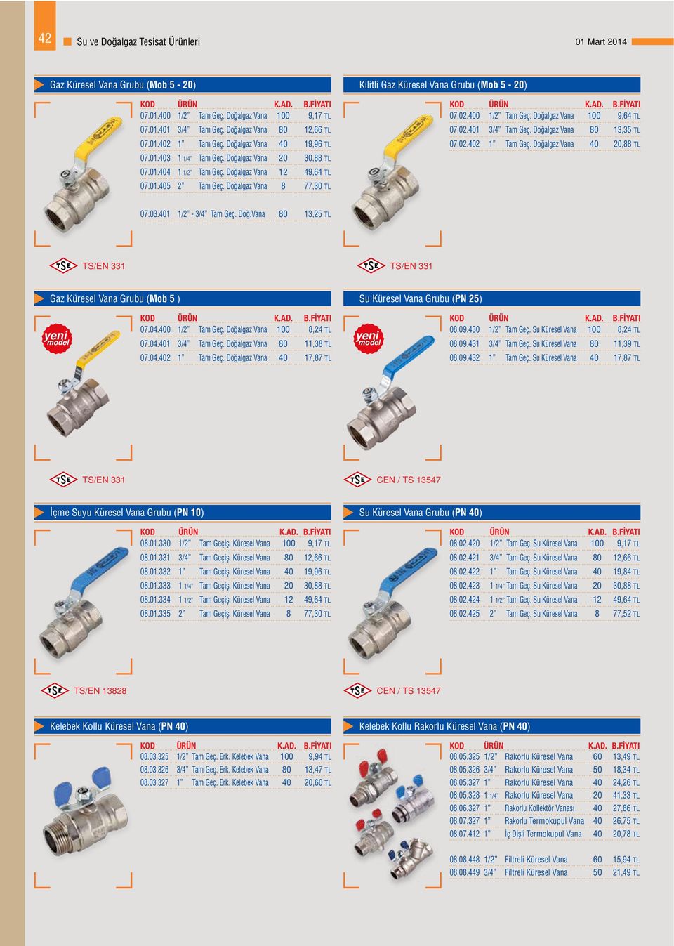 Doğalgaz Vana 8 77,30 TL Kilitli Gaz Küresel Vana Grubu (Mob 5-20) 07.02.400 1/2 Tam Geç. Doğalgaz Vana 100 9,64 TL 07.02.401 3/4 Tam Geç. Doğalgaz Vana 80 13,35 TL 07.02.402 1 Tam Geç.