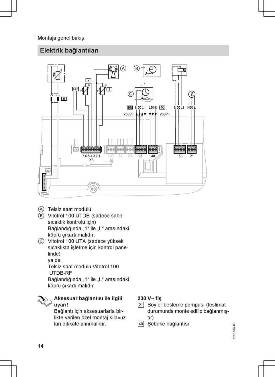 C Vitotrol 100 UTA (sadece yüksek sıcaklıkta işletme için kontrol panelinde) ya da Telsiz saat modülü Vitotrol 100 UTDB-RF Bağlandığında 1 ile L arasındaki köprü