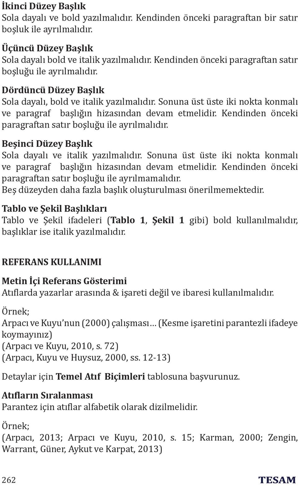 Sonuna üst üste iki nokta konmalı ve paragraf başlığın hizasından devam etmelidir. Kendinden önceki paragraftan satır boşluğu ile ayrılmalıdır. Beşinci Düzey Başlık Sola dayalı ve italik yazılmalıdır.