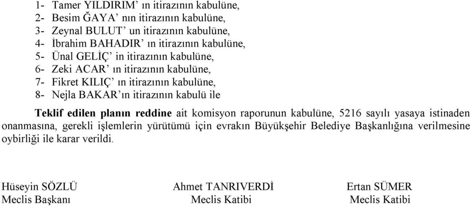 kabulü ile Teklif edilen planın reddine ait komisyon raporunun kabulüne, 5216 sayılı yasaya istinaden onanmasına, gerekli işlemlerin yürütümü için evrakın