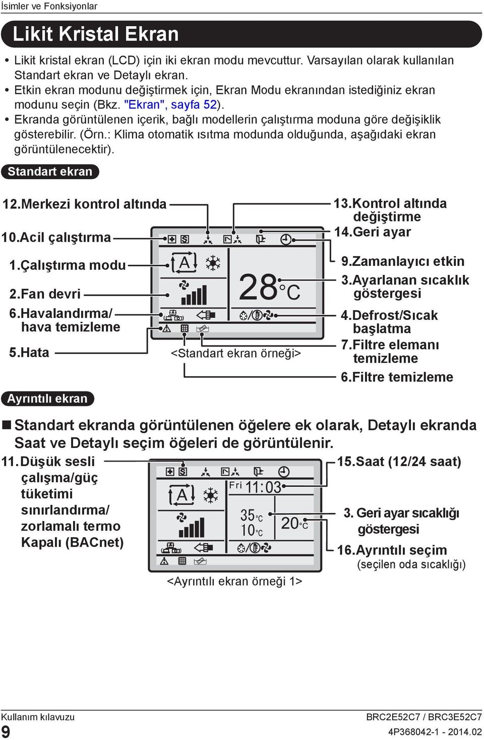 Ekranda görüntülenen içerik, bağlı modellerin çalıştırma moduna göre değişiklik gösterebilir. (Örn.: Klima otomatik ısıtma modunda olduğunda, aşağıdaki ekran görüntülenecektir). Standart ekran 13.