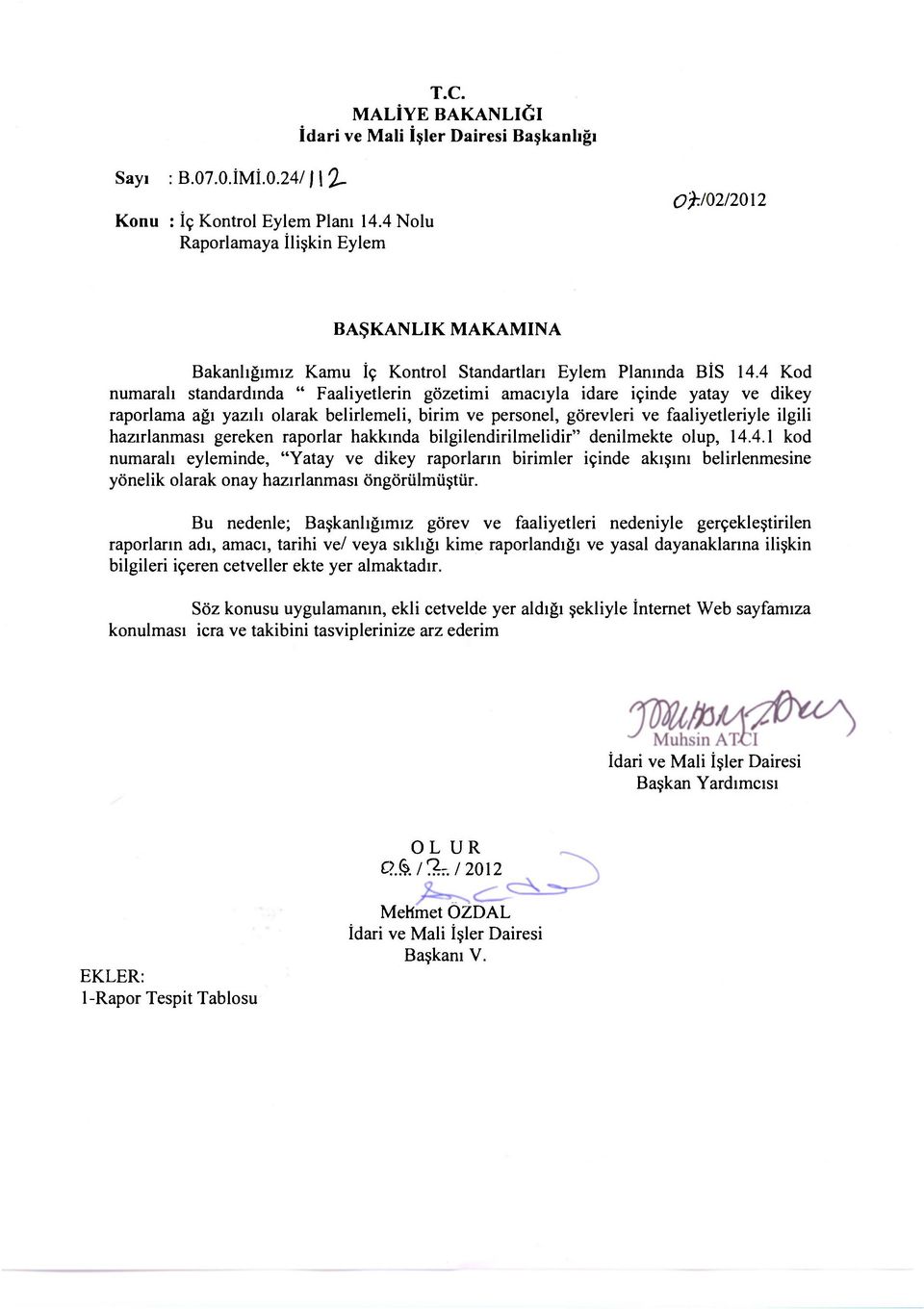 4 Kod numaralı standardında " Faaliyetlerin gözetimi amacıyla idare içinde yatay ve dikey raporlama ağı yazılı olarak belirlemeli, birim ve personel, görevleri ve faaliyetleriyle ilgili hazırlanması