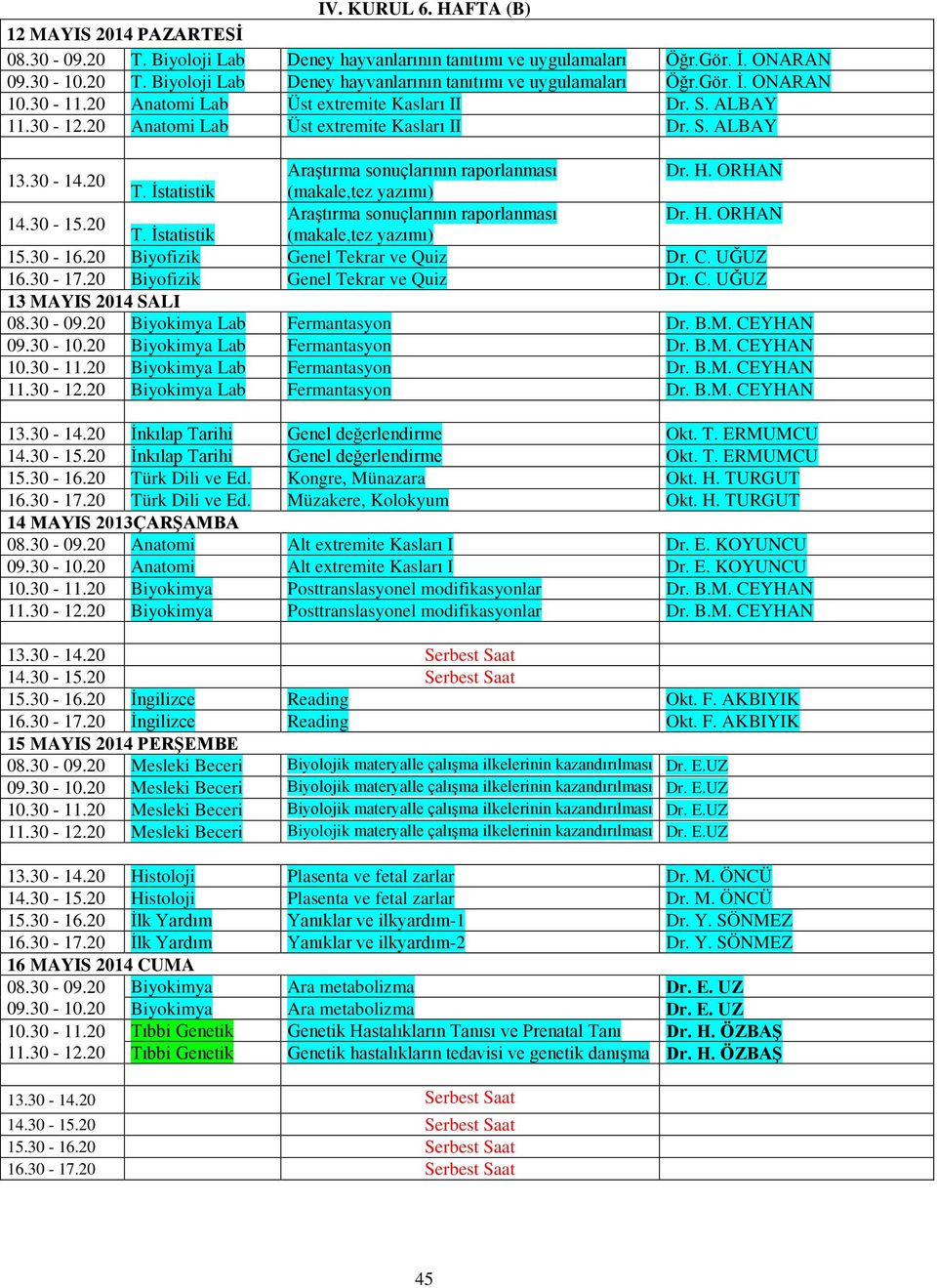 ORHAN T. İstatistik (makale,tez yazımı) Araştırma sonuçlarının raporlanması Dr. H. ORHAN T. İstatistik (makale,tez yazımı) 15.30-16.20 Biyofizik Genel Tekrar ve Quiz Dr. C. UĞUZ 16.30-17.