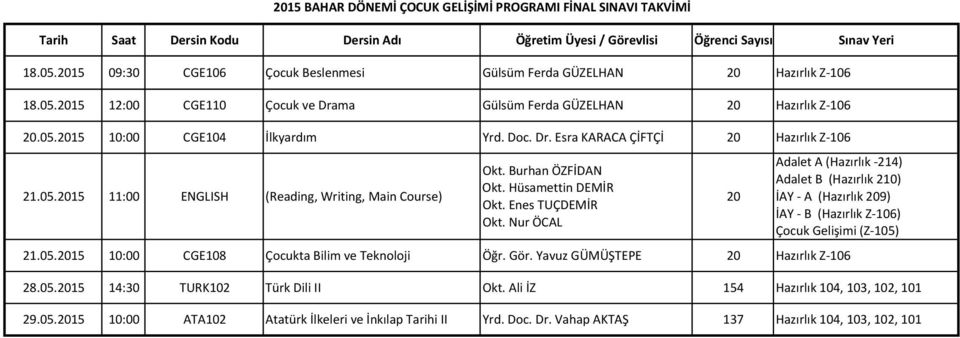 Esra KARACA ÇİFTÇİ 20 Hazırlık Z- 106 2015 BAHAR DÖNEMİ ÇOCUK GELİŞİMİ PROGRAMI FİNAL SINAVI TAKVİMİ