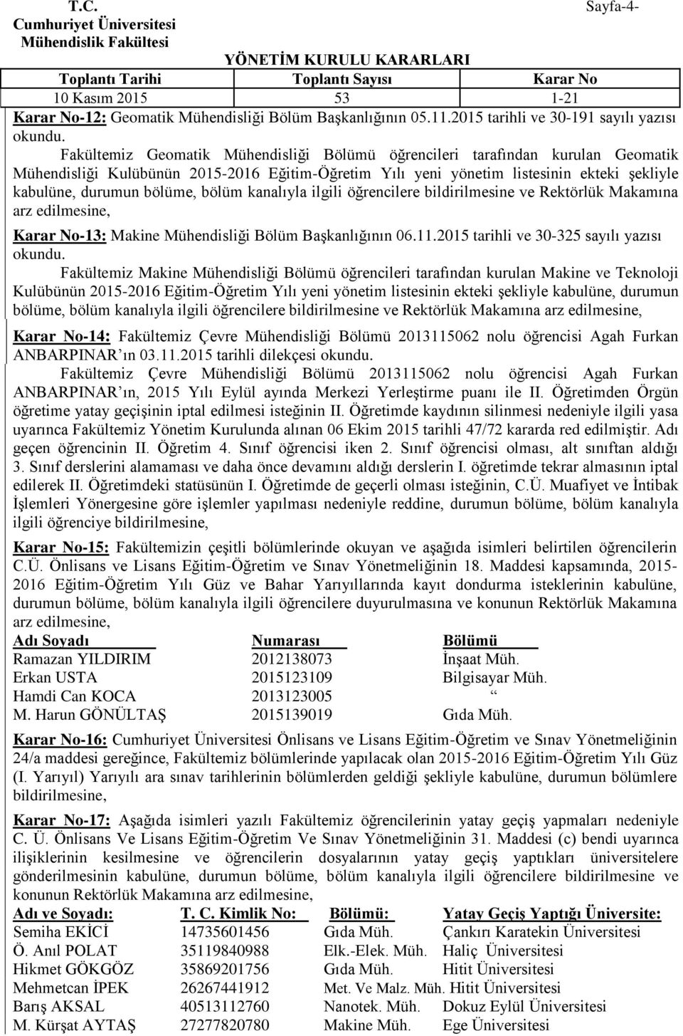 ekteki şekliyle kabulüne, durumun bölüme, bölüm kanalıyla ilgili öğrencilere bildirilmesine ve Rektörlük Makamına arz edilmesine, Karar No-13: Makine Mühendisliği Bölüm Başkanlığının 06.11.