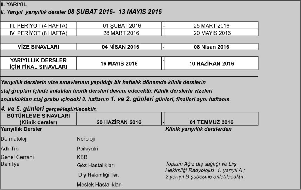 yapıldığı bir haftalık dönemde klinik derslerin staj grupları içinde anlatılan teorik dersleri devam edecektir. Klinik derslerin vizeleri anlatıldıkları staj grubu içindeki 8. haftanın 1. ve 2.