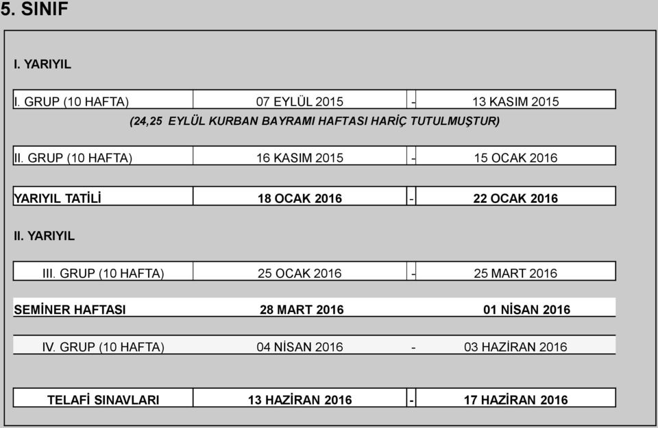 GRUP (10 HAFTA) 16 KASIM 2015-15 OCAK 2016 YARIYIL TATİLİ 18 OCAK 2016-22 OCAK 2016 II. YARIYIL III.