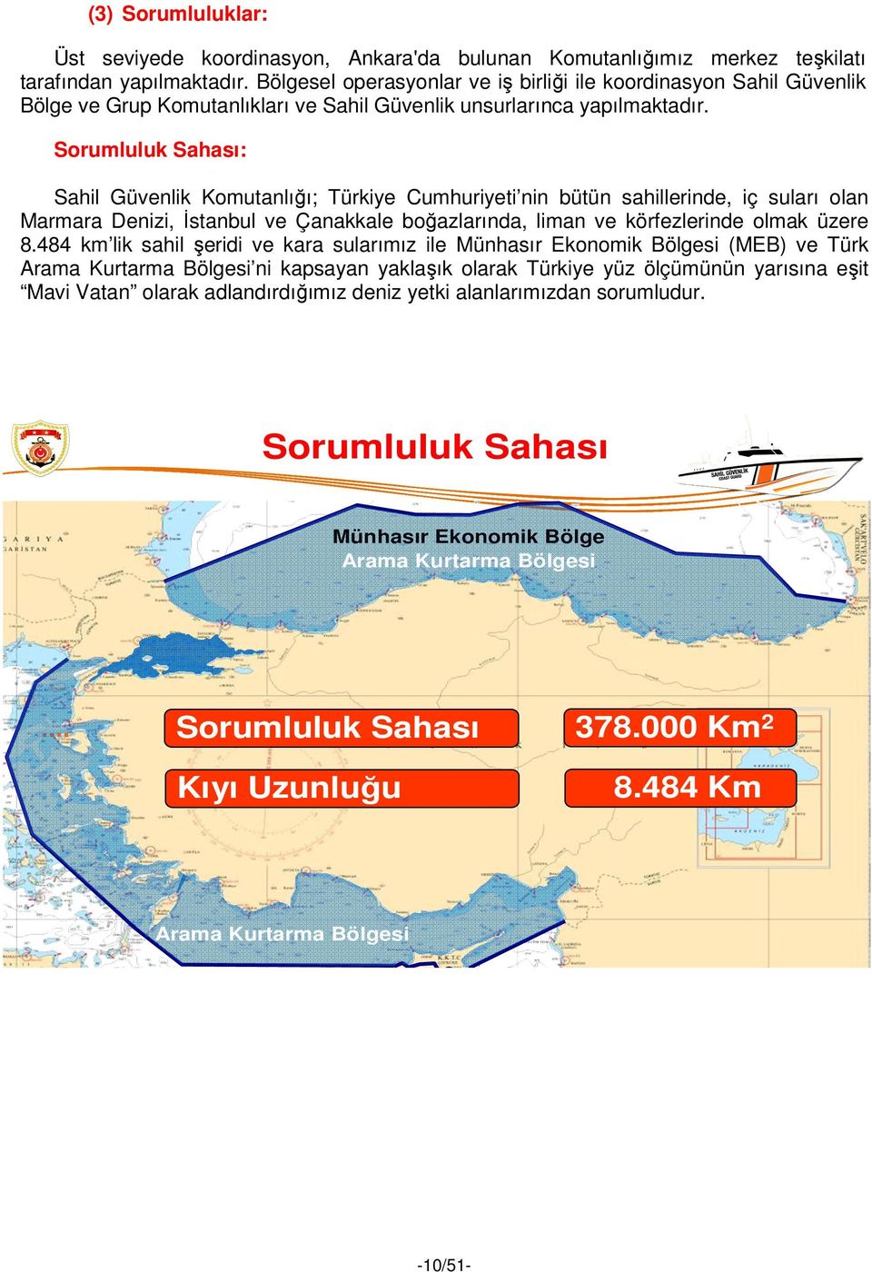 Sorumluluk Sahası: Sahil Güvenlik Komutanlığı; Türkiye Cumhuriyeti nin bütün sahillerinde, iç suları olan Marmara Denizi, İstanbul ve Çanakkale boğazlarında, liman ve körfezlerinde olmak üzere 8.