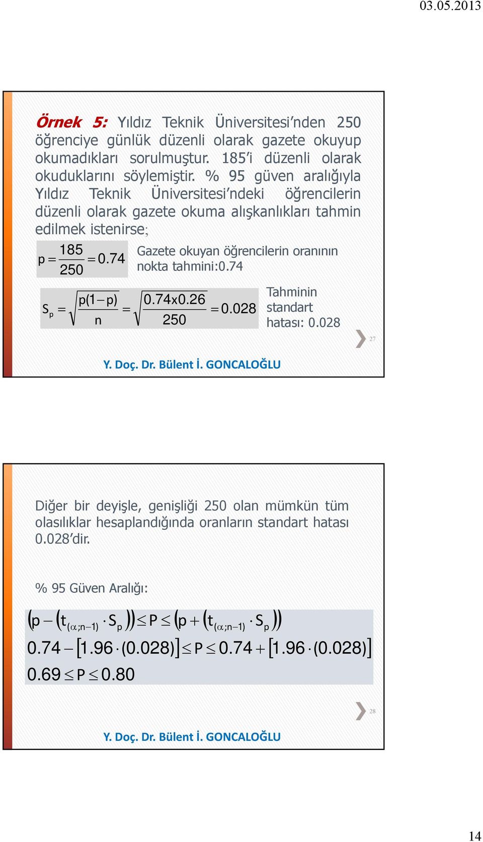 74 50 Gazete okuya öğrecler oraıı okta tahm:0.74 p( 1 p) 0. 74x0. 6 S p = = = 0. 08 50 Tahm stadart hatası: 0.