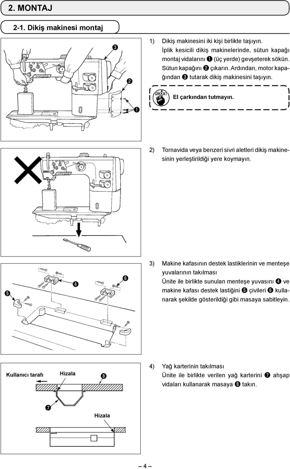 2) Tornavida veya benzeri sivri aletleri dikiş makinesinin yerleştirildiği yere koymayın.