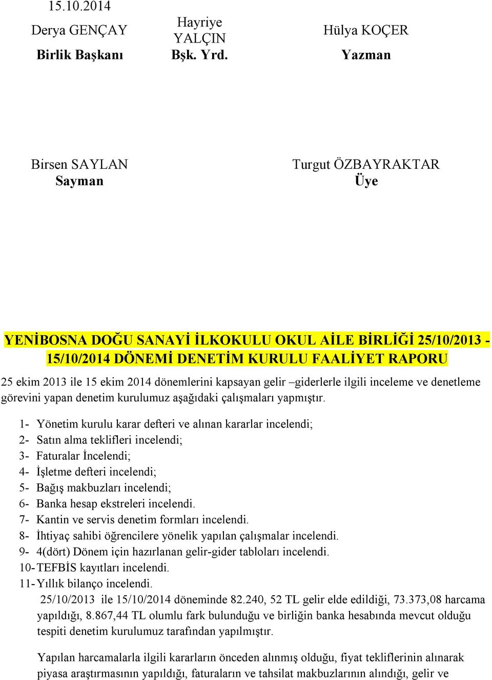 dönemlerini kapsayan gelir giderlerle ilgili inceleme ve denetleme görevini yapan denetim kurulumuz aşağıdaki çalışmaları yapmıştır.