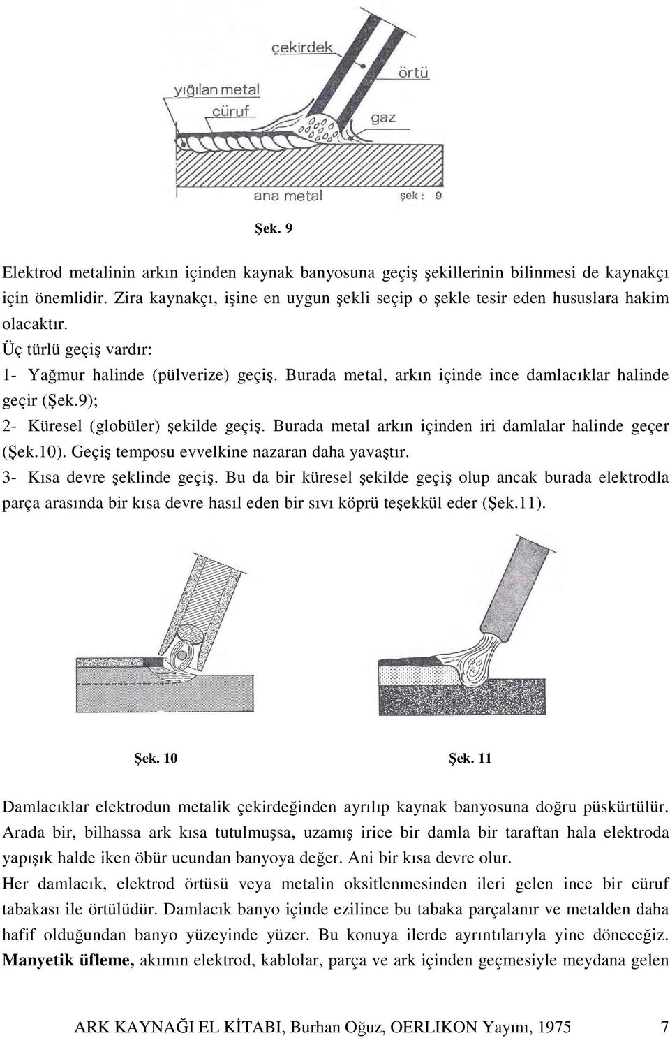 Burada metal, arkın içinde ince damlacıklar halinde geçir (Şek.9); 2- Küresel (globüler) şekilde geçiş. Burada metal arkın içinden iri damlalar halinde geçer (Şek.10).