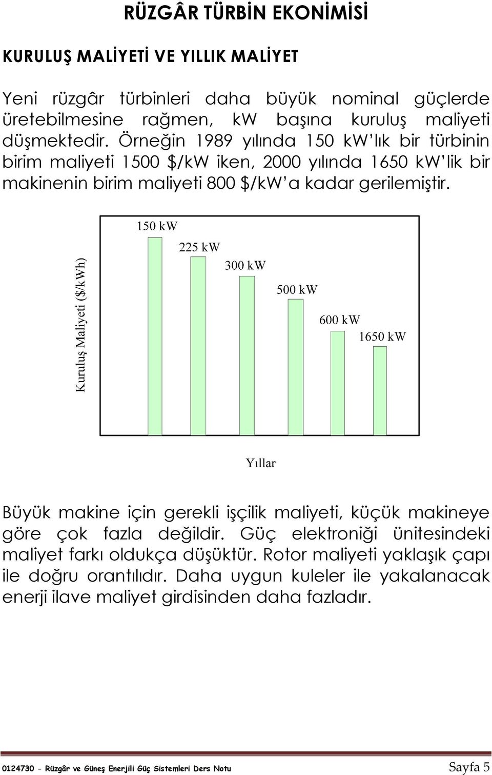 Örneğin 1989 yılında 150 kw lık bir türbinin birim maliyeti 1500 $/kw iken, 2000 yılında 1650 kw lik bir makinenin birim maliyeti 800 $/kw a kadar gerilemiştir.