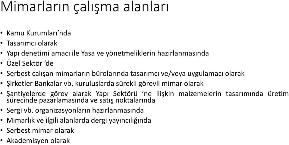 kuruluşlarda sürekli görevli mimar olarak Şantiyelerde görev alarak Yapı Sektörü ne ilişkin malzemelerin tasarımında üretim sürecinde