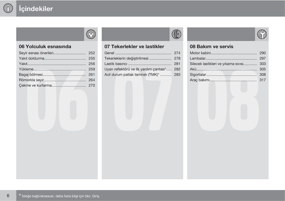 .. 278 Lastik basıncı... 281 Uyarı reflektörü ve ilk yardım çantası*... 282 Acil durum patlak tamiratı (TMK)*.
