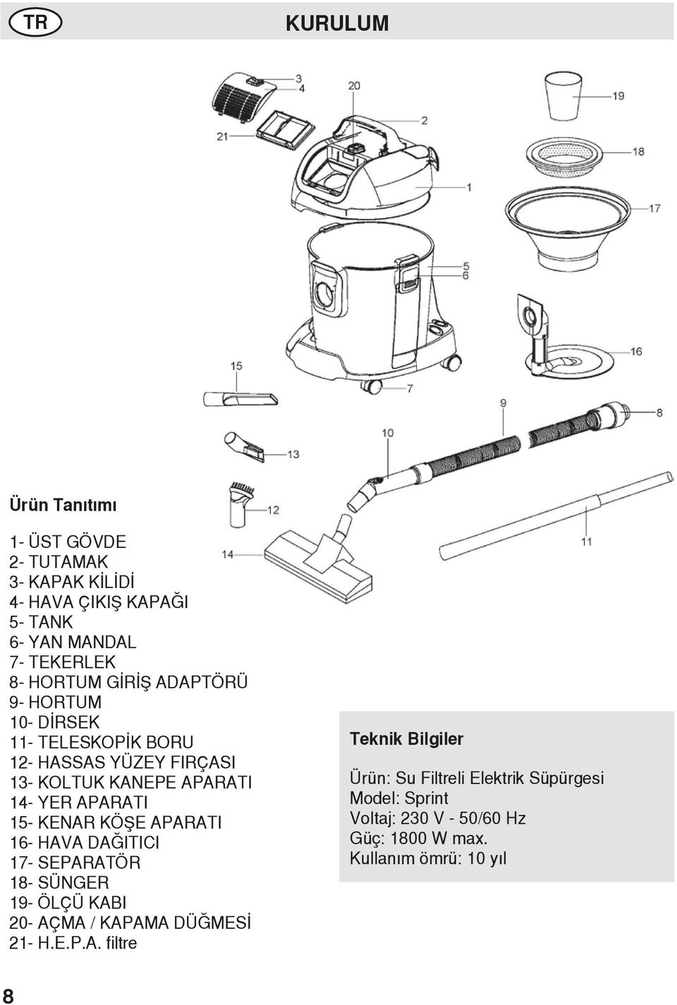 APARATI 15- KENAR KÖŞE APARATI 16- HAVA DAĞITICI 17- SEPARATÖR 18- SÜNGER 19- ÖLÇÜ KABI 20- AÇMA / KAPAMA DÜĞMESİ 21- H.E.P.A. filtre Teknik Bilgiler Ürün: Su Filtreli Elektrik Süpürgesi Model: Sprint Voltaj: 230 V - 50/60 Hz Güç: 1800 W max.