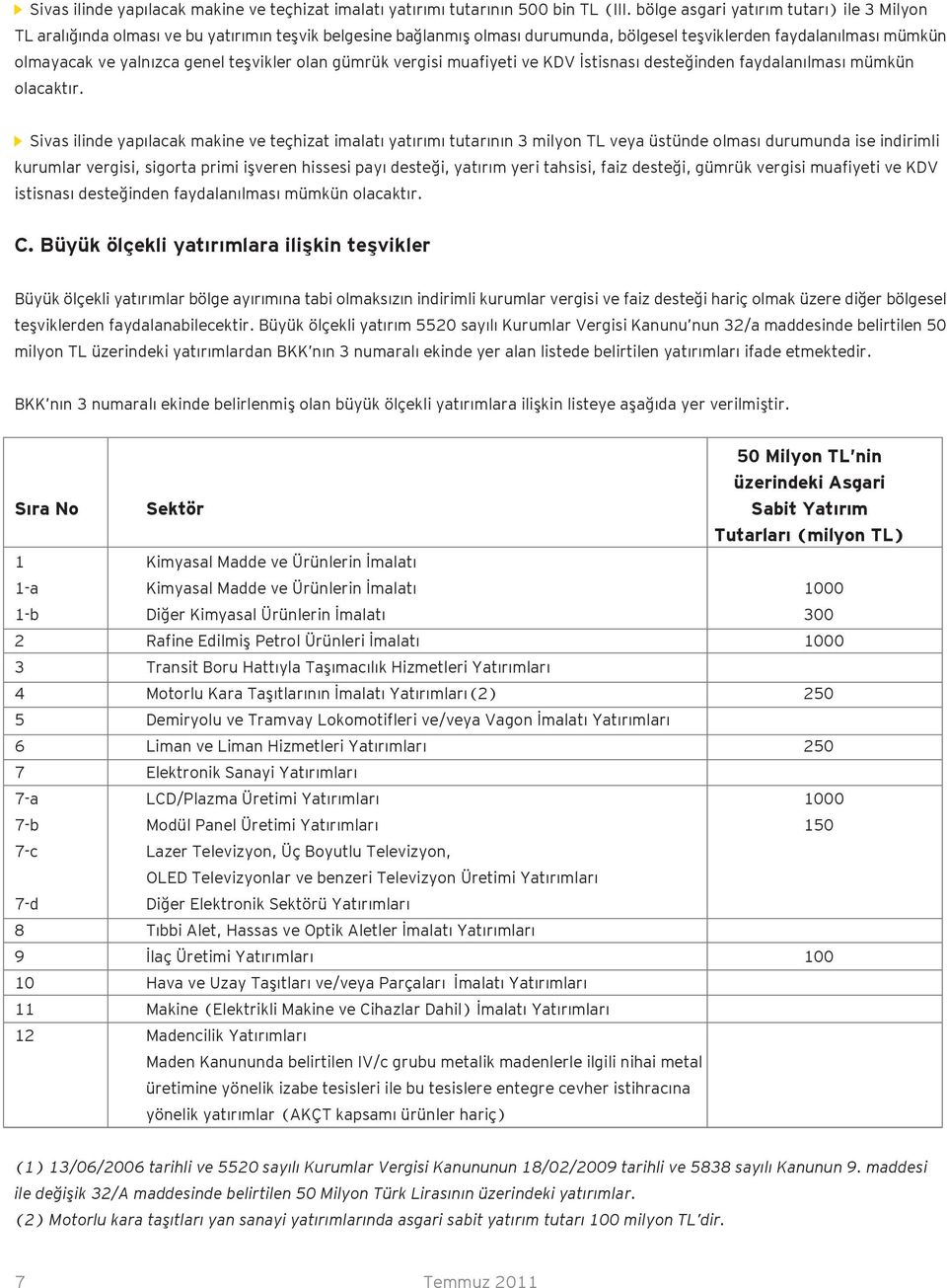 teşvikler olan gümrük vergisi muafiyeti ve KDV İstisnası desteğinden faydalanılması mümkün olacaktır.