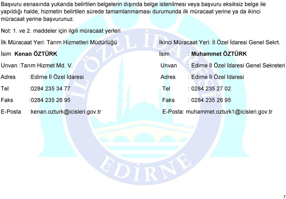 maddeler için ilgili müracaat yerleri İlk Müracaat Yeri: Tarım Hizmetleri Müdürlüğü İkinci Müracaat Yeri: İl Özel İdaresi Genel Sekrt. Kenan : ÖZTÜRK :Tarım Hizmet Md. V.