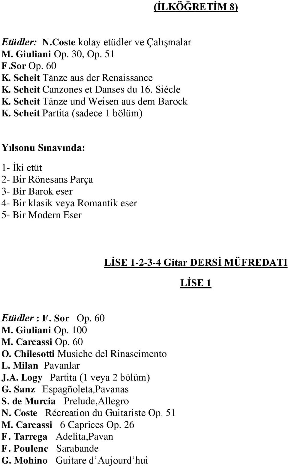 Scheit Partita (sadece 1 bölüm) 4- Bir klasik veya Romantik eser 5- Bir Modern Eser LİSE 1-2-3-4 Gitar DERSİ MÜFREDATI LİSE 1 Etüdler : F. Sor Op. 60 M. Giuliani Op. 100 M.