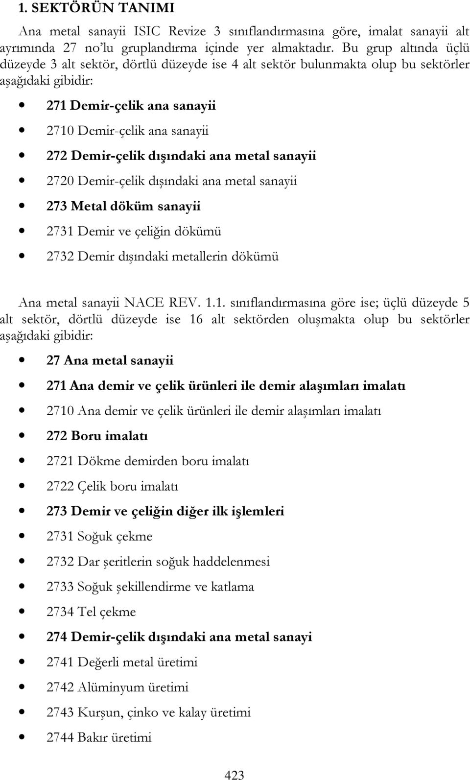 dışındaki ana metal sanayii 2720 Demir-çelik dışındaki ana metal sanayii 273 Metal döküm sanayii 2731 