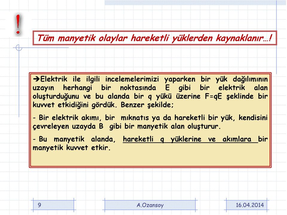 oluşturduğunu ve bu alanda bir q yükü üzerine F=qE şeklinde bir kuvvet etkidiğini gördük.