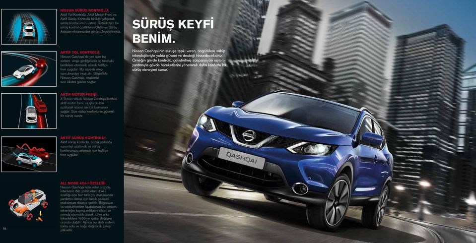 AKTİF YOL KONTROLÜ: Nissan Qashqai de yer alan bu sistem, viraja girdiğinizde iç taraftaki lastiklere otomatik olarak hafifçe fren uygular. Bu sayede araç, savrulmadan virajı alır.