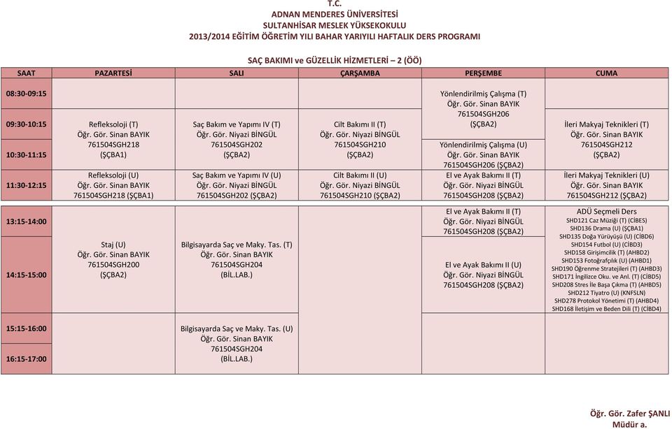 (U) 761504SGH206 (ŞÇBA2) El ve Ayak Bakımı II (T) 761504SGH208 (ŞÇBA2) İleri Makyaj Teknikleri (T) 761504SGH212 (ŞÇBA2) İleri Makyaj Teknikleri (U) 761504SGH212 (ŞÇBA2) Staj (U) 761504SGH200 (ŞÇBA2)