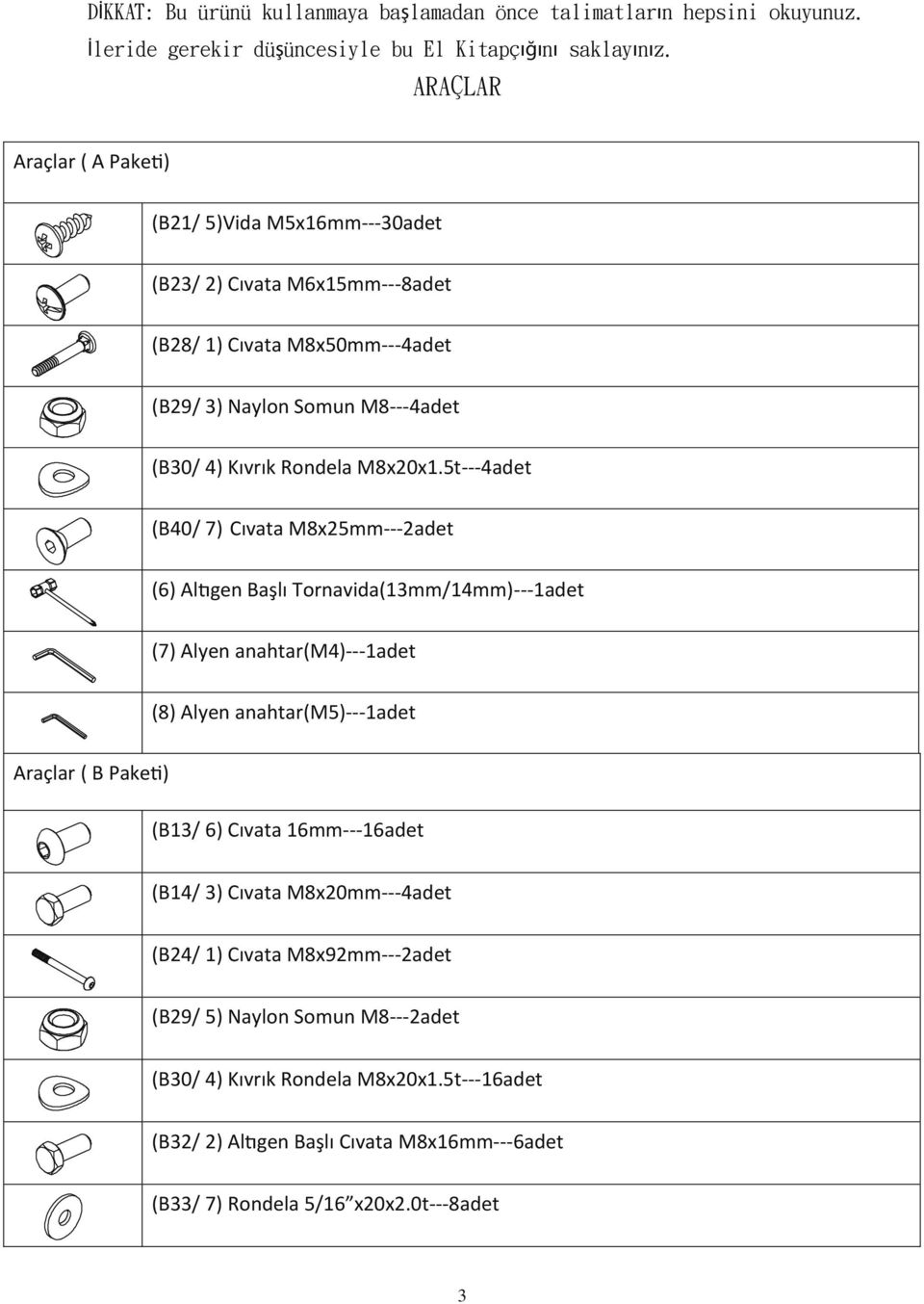 5t---4adet (B40/ 7) vata M8x25mm---2adet (6) Al n B Tornavida(13mm/14mm)---1adet (7) Alyen anahtar(m4)---1adet (8) Alyen anahtar(m5)---1adet