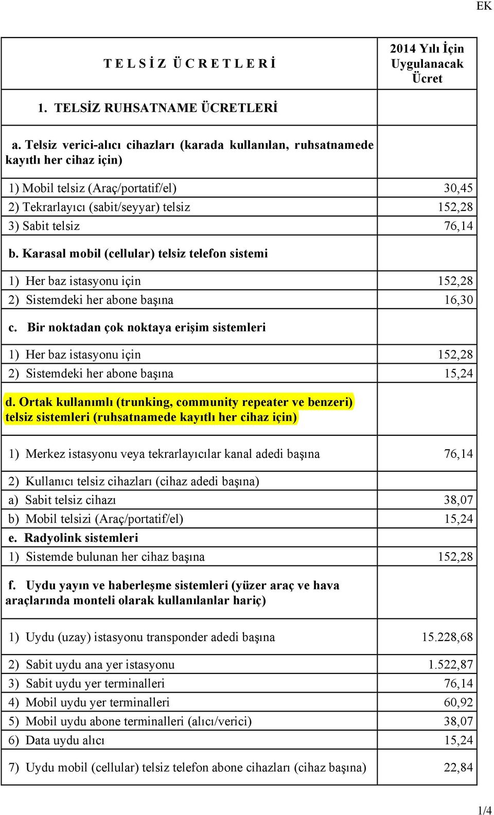 Karasal mobil (cellular) telsiz telefon sistemi 1) Her baz istasyonu için 152,28 2) Sistemdeki her abone başına 16,30 c.