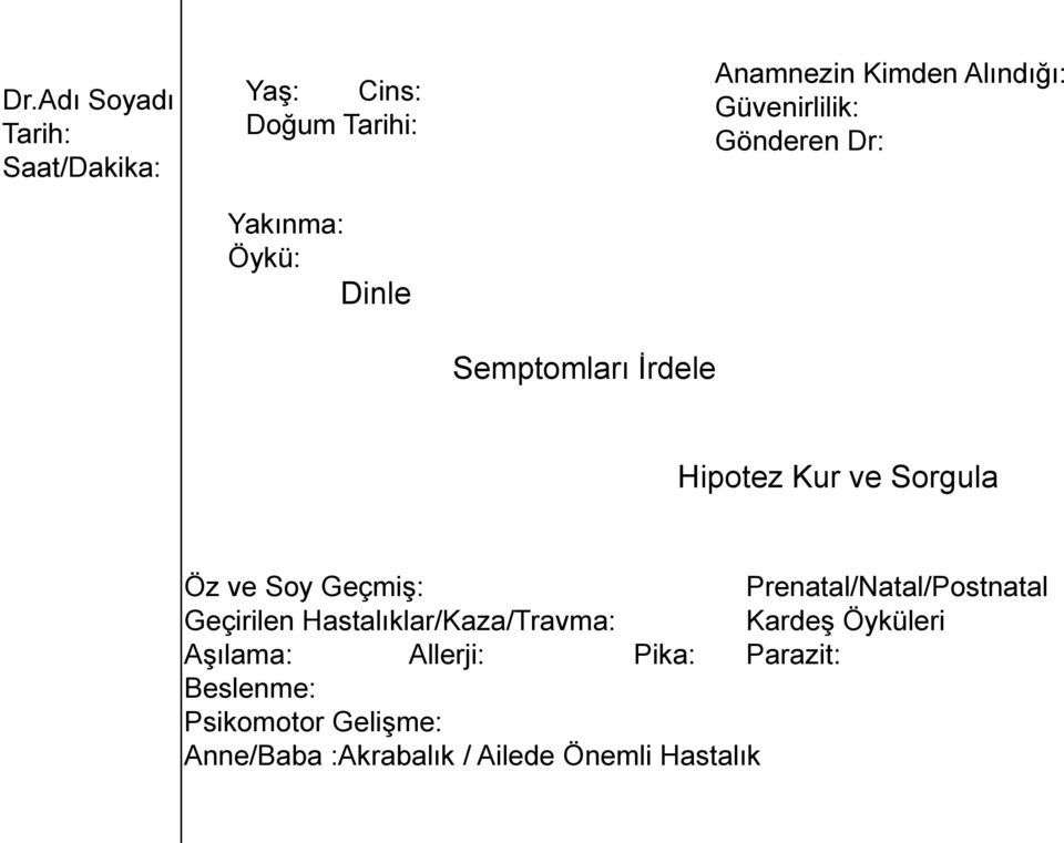 Geçmiş: Prenatal/Natal/Postnatal Geçirilen Hastalıklar/Kaza/Travma: Kardeş Öyküleri Aşılama: