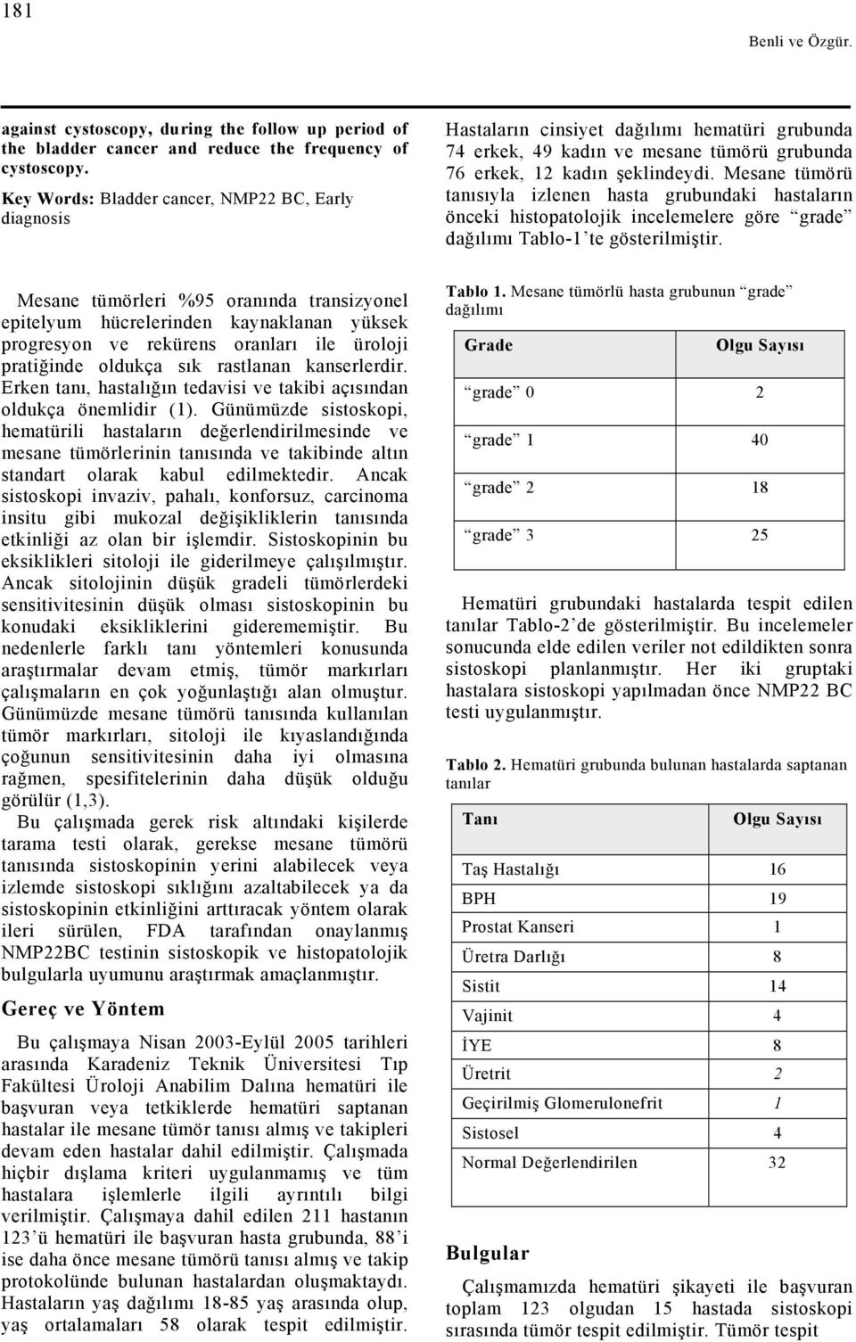 Mesane tümörü tanısıyla izlenen hasta grubundaki hastaların önceki histopatolojik incelemelere göre grade dağılımı Tablo-1 te gösterilmiştir.