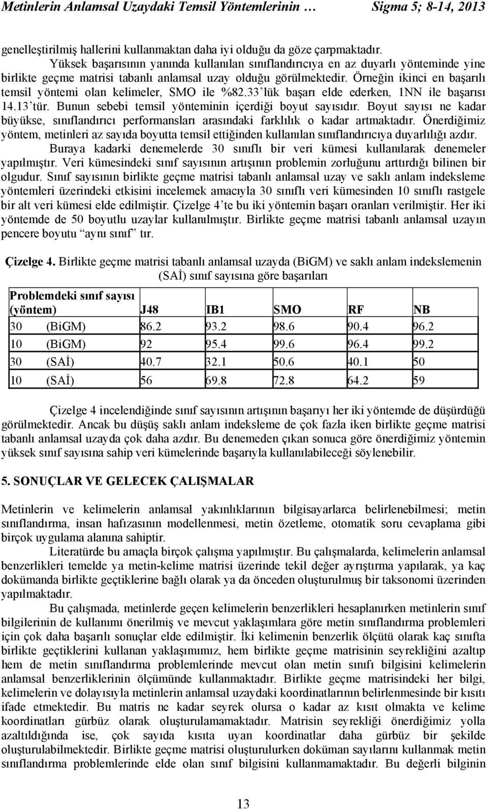 Örneğin ikinci en başarılı temsil yöntemi olan kelimeler, SMO ile %82.33 lük başarı elde ederken, 1NN ile başarısı 14.13 tür. Bunun sebebi temsil yönteminin içerdiği boyut sayısıdır.