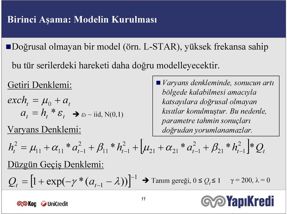 Geiri Denklemi: 2 = μ 0 a h Varyans Denklemi: [ ] 2 2 μ21 + α 21 * a 1 21 * h 1 * Q = μ + α * a β 11 11 ε ~ iid, N(0,1) Düzgün Geçiş Denklemi: