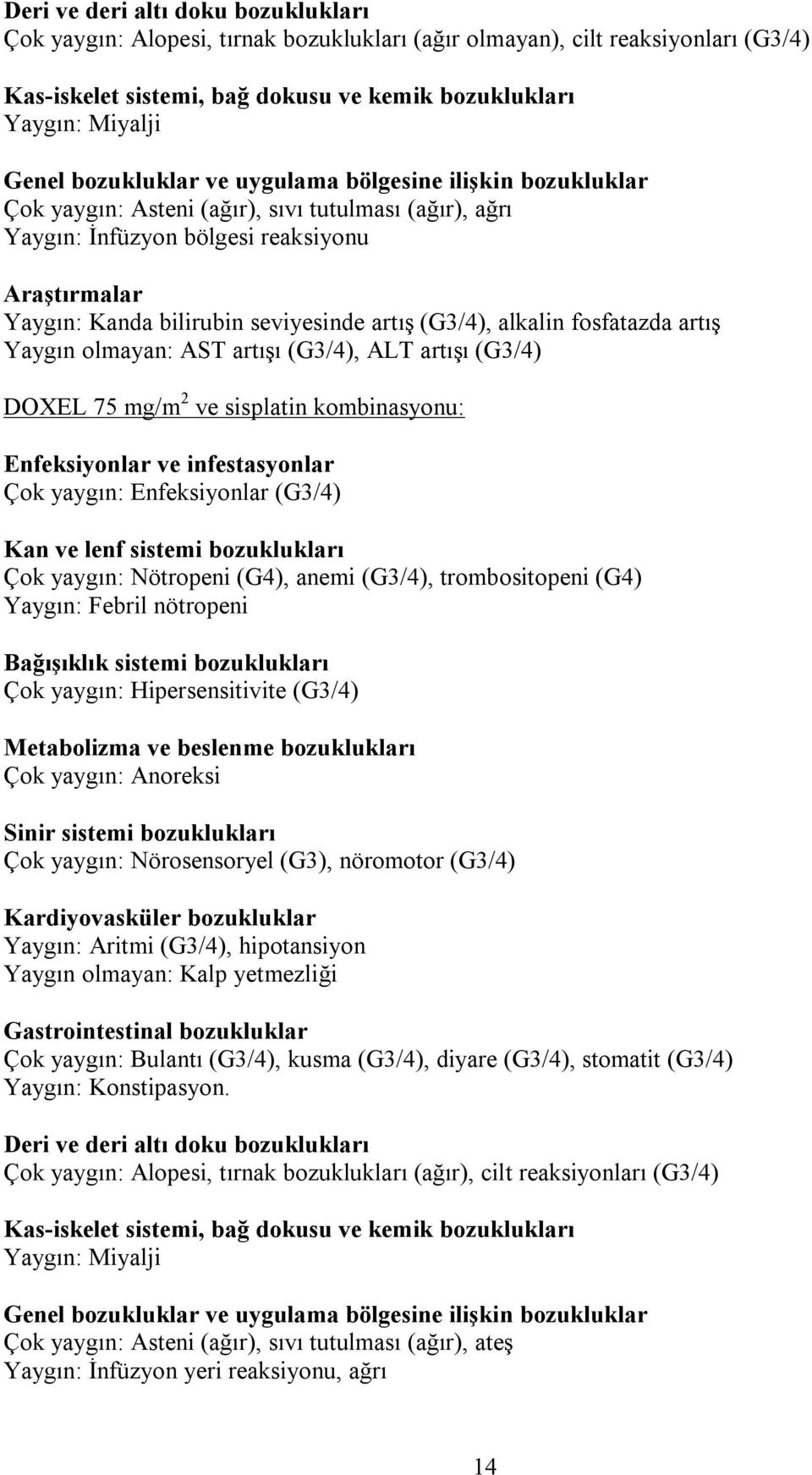 (G3/4), alkalin fosfatazda artış Yaygın olmayan: AST artışı (G3/4), ALT artışı (G3/4) DOXEL 75 mg/m 2 ve sisplatin kombinasyonu: Enfeksiyonlar ve infestasyonlar Çok yaygın: Enfeksiyonlar (G3/4) Kan